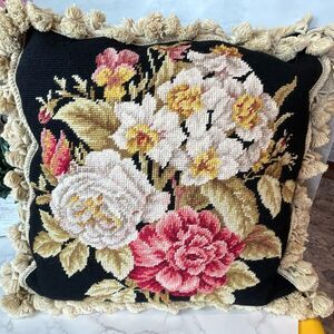 Needlepoint pillow French Chic Paris Apartment Floral black background must see